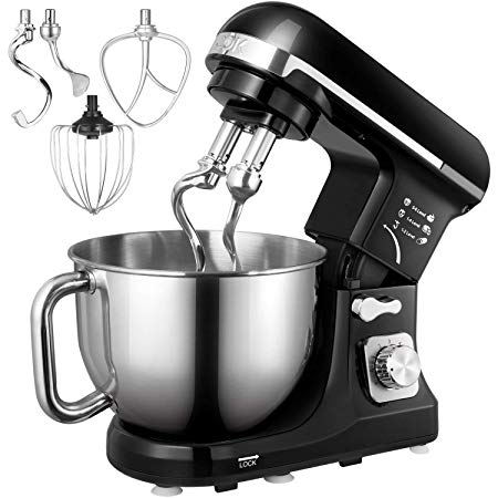 Stand Mixer, Aicok 1000W Dough Blender with Powerful Double Hooks, 6 Speeds Noiseless Less than 80db, 5 Litre Staainless Steel Bowl with Splash Guard (Beater, Double Hooks, Whisk)