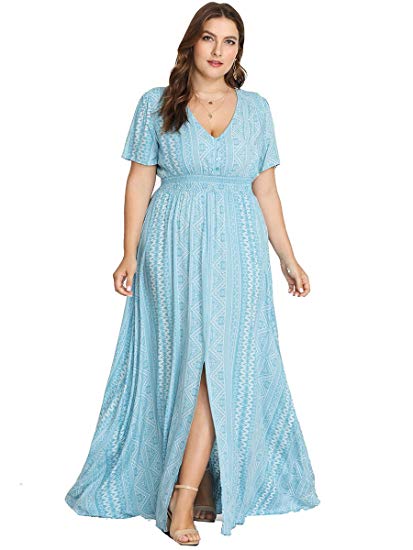 Romwe Women's Plus Size Floral Print Buttons Short Sleeve V Neck Flare Flowy Maxi Dress