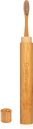 GranNaturals Bamboo Toothbrush and Carrying Case - Reusable Natural Sustainable Brush with Wooden Tube Container for Storage - Ultra-Portable & Compact Set - Essential Travel & Camping Accessories