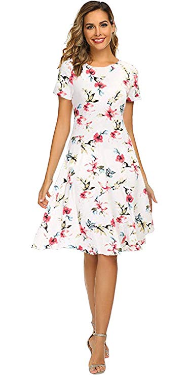 OURS Women's Summer Casual Floral Print Short Sleeve Flared Midi Dress