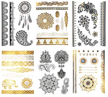 Large Temporary Henna Metallic Tattoos - Over 50 Mehndi Mandala Designs, Gold Silver Black (6 Sheets) Terra Tattoos Shay Collection