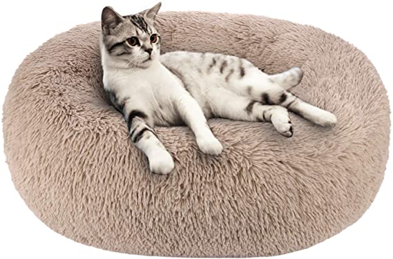Akarden Round Dog Cat Bed, Soft Plush Pet Cushion, Anti-Slip Machine Washable Self-Warming Pet Bed Improved Sleep and Joint-Relief for Cats Small Medium