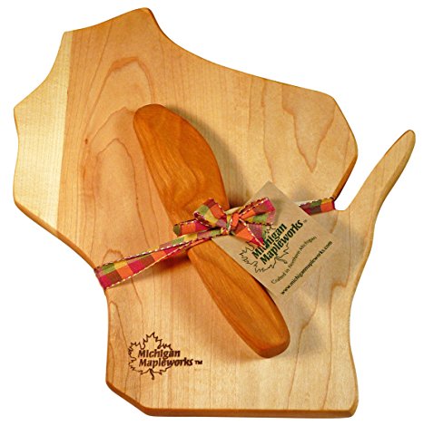 Michigan Mapleworks Small Wisconsin Shaped Maple Cheese Cutting Board with Cherry Wood Spreader Gift Set