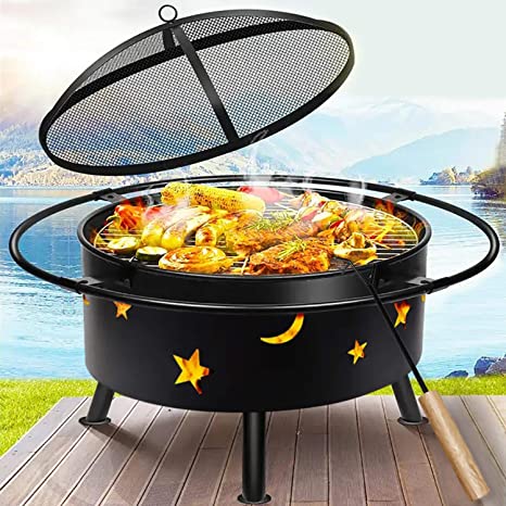 hmercy Outdoor Fire Pit 30 Inch Fireplace Wood Burning Patio Bonfire for Outside with Spark Screen and Fireplace Poker (Circular)…