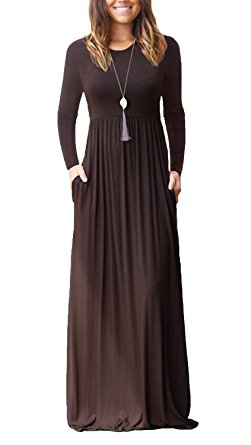 ThusFar Women's Solid Plain Long Sleeve Round Neck Long Tunic Maxi Dress with Pocket