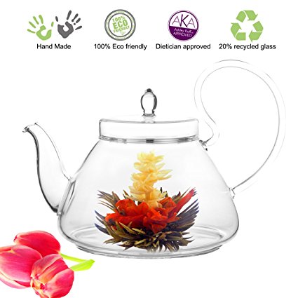 Blooming Tea Clear Glass Teapot Pi, 35oz/1035ml Hand Crafted Non-Drip Spout Stainless Steel Strain, Friednship Series