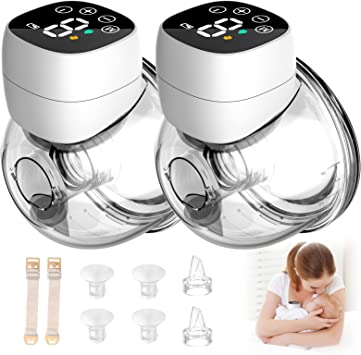 Akaho Wearable Breast Pump, Low-Noise and Painless Hands Free Electric Breast Pump with 3 Mode & 9 Levels, 24mm Default and Come with 19/19/21/21 Flanges (White-Double)