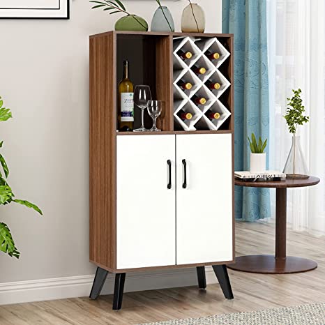 COSTWAY Freestanding Wine Cabinet, 8 Bottles Wine Holder Sideboard with 2 Doors Cupboard and Display Shelf, Home Kitchen Dinning Living Room Storage Organiser Unit