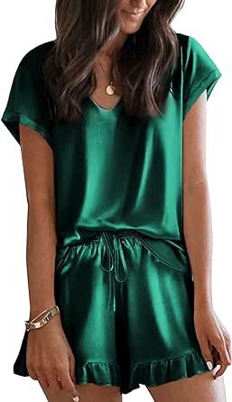 Ekouaer Satin Pajamas for Women Short Sleeve Silk Sleepwear Two Piece Pj Sets with Ruffled Shorts Casual Loungewear