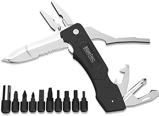 BlizeTec Multitool Pocket Knife Pliers: 15 Functional Tools with Shape Drop Point Serrated Edge Folding Knife, Multi Pliers, Can/Bottle Opener, Phillips Screwdriver, Bit Holder & 9 Utility Sets