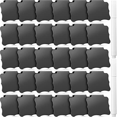 32 Pieces Basket Labels Clips and Pens Set, Includes 30 Pieces Kitchen Clip Label Holder Basket Bin Labels Clip on Removable PVC Bin Clip and 2 Pieces Chalk Markers for Storage Bins Basket Box (Black)