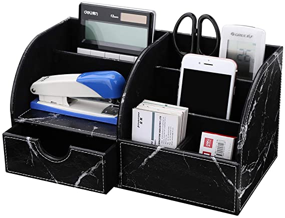 KINGFOM 7 Storage Compartments Multifunctional PU Leather Office Desktop Organizer, Stationery Storage Box Collection, Business Card/Pen/Pencil/Mobile Phone/Remote Control Holder (Black Marble)