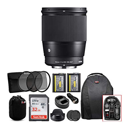 Sigma 16mm F1.4 DC DN Contemporary Lens for Sony E Mount Cameras W/ 32GB SD Card & Two Koah PRO NP-FW50 Batteries Advanced Photo and Travel Bundle