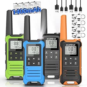 Baofeng Walkie Talkies Long Range for Adult FRS Radio Rechargeable Walkie Talkie Two Way Radio 1400mAh Li-ion Battery USB-C Cable NOAA Weather Alert Easy to Use Walky Talky for Hiking Camping(4 Pack)