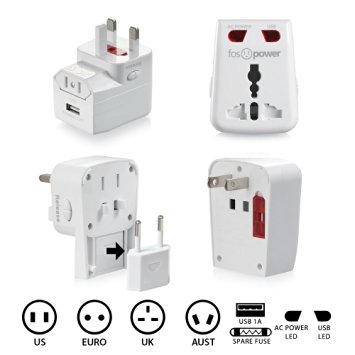 FosPower® FUSE All-In-One (US UK EURO AUST)   1A Single USB Port Universal World Wide International AC Travel Power Charger Adaptor Converter for US UK EU AU Plug (1A Single USB Port - White)
