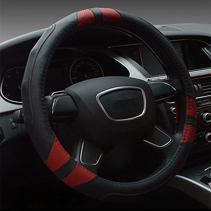 Dee-Type Leather Steering Wheel Cover Universal 15 inch Black & Red
