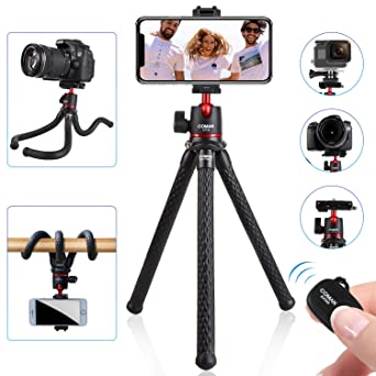 Phone Tripod, COMAN Mini Flexible Tripod, Portable and Adjustable Camera Stand Holder with Wireless Remote and Universal Clip, Compatible with iPhone, Android Phone, Sports Camera GoPro