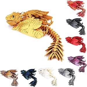 3D Printed Dragon with Eggs, Feathered Wyvern Dragon 3D Printed Crystal Dragon with Wings, Adjustable Wings Articulated Dragon, Fidget Dragon Toy (Golden Dawn)