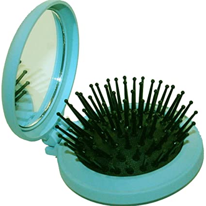Denman – D7 Compact Popper Pocket Size Folding Hair Brush With Mirror For Men And Women (Travel/Purse Friendly), Sky Blue Color