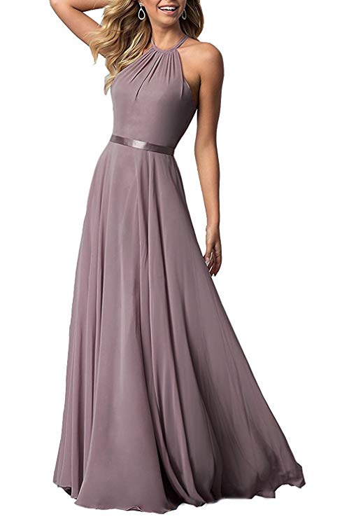 Women's Halter Long Bridesmaid Dresses Open Back A-line Formal Evening Party Gowns