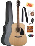 Fender Squier Acoustic Guitar Bundle with Gig Bag Clip-On Tuner Extra Strings Strap Picks Austin Bazaar Instructional DVD and Polishing Cloth - Natural