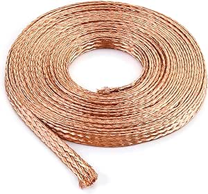 QWORK Flat Copper Braid Cable, 20ft 6mm Flat Copper Braided Ground Strap Wire, Flexible Shielding Wire Mesh, 1 Pack