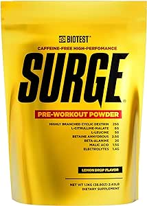 Biotest Surge Workout Fuel - Highly Branched Cyclic Dextrin 25g, Citrulline Malate 6.5g, L-Leucine 5g, Betaine Anhydrous 2.5g, Beta-Alanine 2g, Electrolyte Blend 1.4g - Lemon 2.43lb