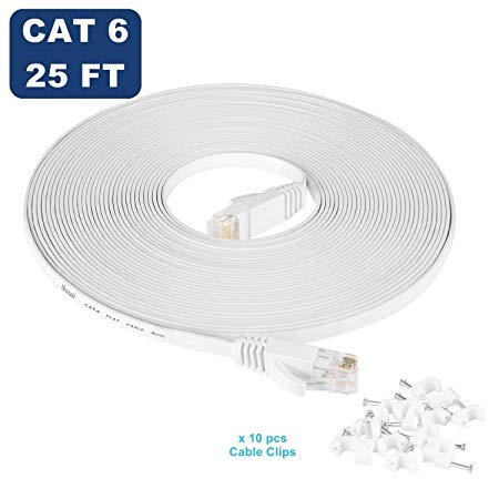 Cat6 Ethernet Cable 25 ft White with Free White Cable Clips - Ikerall RJ45 Flat Ethernet Patch Cable Internet Wire 25 Feet(7.63 Meters) - Supports Cat6 / Cat5e / Cat5 Standards