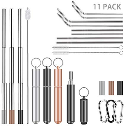 11 Packs Collapsible Reusable Drinking Straws Set, 3 Telescopic Stainless Steel Metal Straw with Case, 8 Dishwasher Safe Long Straws for 30oz 20oz Tumbler Cups, Include Cleaning Brushes & Pouch