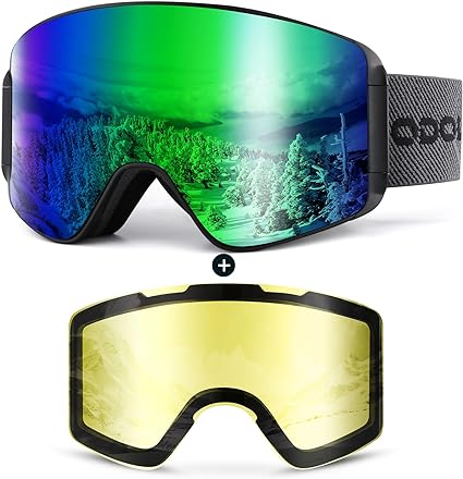 Odoland Ski Goggles Set with Detachable Lens, Frameless Interchangeable Lens, Anti-Fog Snow Goggles for Adult Men Women