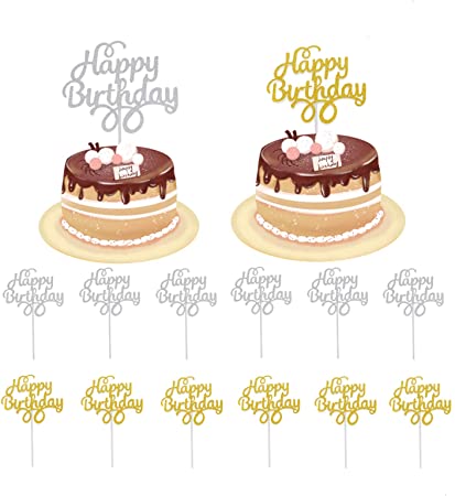 Timoo 12 PCS Happy Birthday Cake Topper Silver Glitter Gold Cake Decoration Supplies