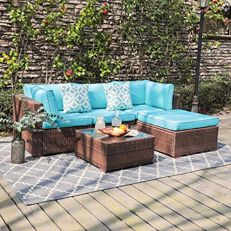 OC Orange-Casual 5 Piece Outdoor Furniture Sectional Sofa, Patio Brown PE Rattan Wicker Sofa with Turquoise Cushions & Modern Glass Coffee Table & Ottoman, Garden, Backyard, Pool