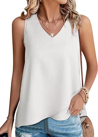 EVALESS Womens Tank Tops V Neck Dressy Casual Summer Flowy Sleeveless Camisole Chiffon Blouses Basic Shirts