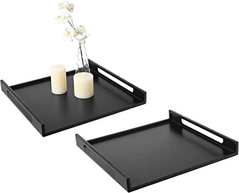 MyGift Modern Square Matte Black Metal Serving Tray with Curved Cutout Handles - 16 x 16, Set of 2