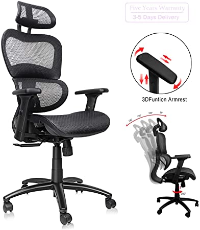 Komene Ergonomic Office Chair With Lumbar Support-High-Back Executive Chair With Breathable Mesh-Work Chair With Adjustable Headrest And 3D Armrests, Swivel Chair For Home And Conference Rooms (Black)