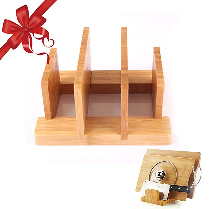 Cuteadoy Natural Bamboo Cutting Board Rack, Kitchen Houseware Organizer Pantry Rack Skid Resistance for Cutting Board/Dish / Plate/Pot Lid/Book