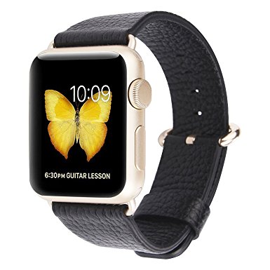 PEAK ZHANG Apple Watch Band 38mm Women Genuine Leather Replacement Wrist Strap with Stainless Metal Adapter Clasp for Iwatch Series 2,Series 1,Sport,Edition (38mm Black Golden Buckle)