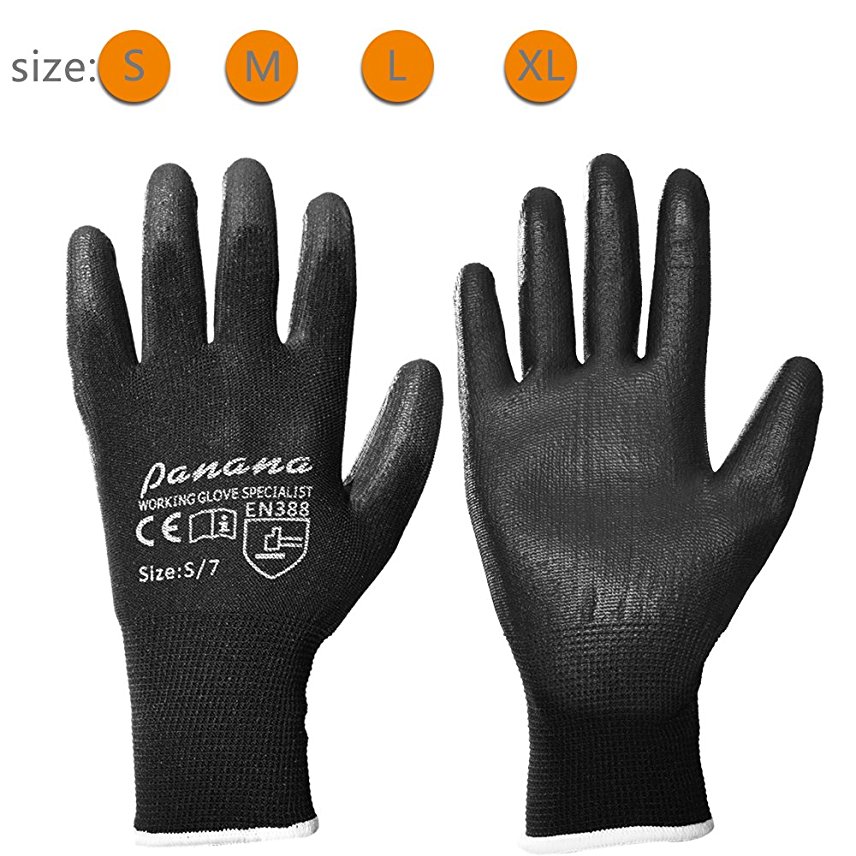Pandamoto 50 Pairs Work Gloves Of Black Nylon Pu Safety Gloves Builders Grip Gardening (7S, 50 pairs Black)