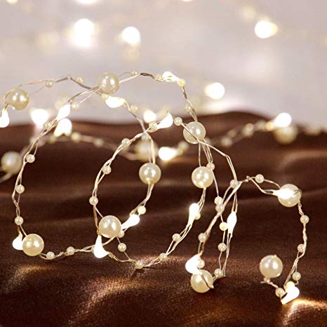 Impress Life Ocean Pearl Beads String Lights, Handmade Weave Ivory Faux Pearl Copper Wire 10ft with Remote for Home, Bedroom, Dorm, Living Room, Wedding, Birthday, Dinner, Party Decorations