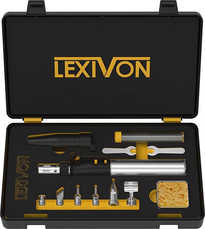 LEXIVON Butane Soldering Iron Multi-Purpose Kit | Cordless Self-Igniting Adjustable Flame 7-Tip Set | Pro Grade 125-Watt Equivalent (LX-770)