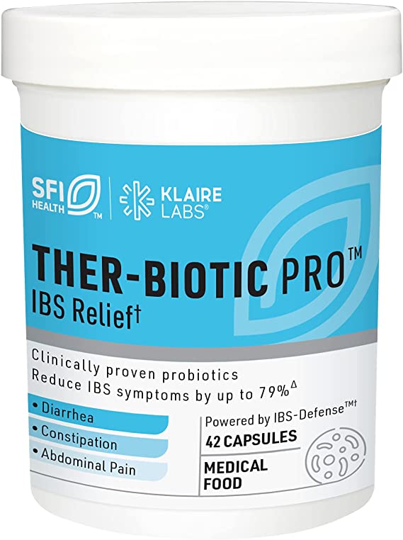 Klaire Labs Ther-Biotic Pro IBS Relief - Reduce IBS Symptoms by up to 79%∗∗ - Low-FODMAP Probiotic Prebiotic for Diarrhea, Gas, Leaky Gut - Medical Food for Dietary Management of IBS∗ (42 Capsules)