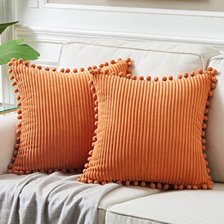 Fancy Homi 2 Packs Brunt Orange Decorative Throw Pillow Covers 22x22 Inch with Pom poms, Fall Home Decor, Soft Corduroy Accent Square Cushion Case for Living Room Couch Bed Sofa 55x55 cm