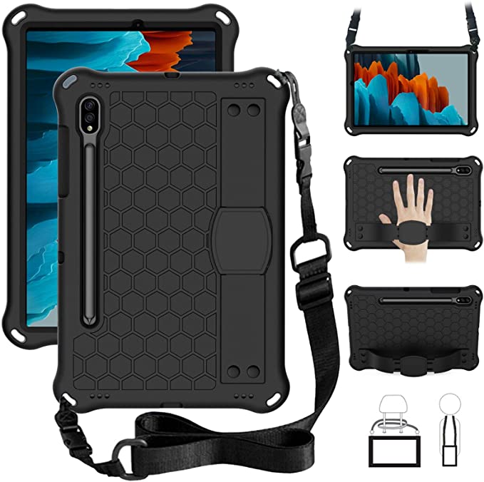 TabPow Protective Case for Samsung Galaxy Tab S7 Case (SM-T870/T875)(11 Inch 2020 Release), Kidsproof Tablet Cover with Shoulder Strap and Stand, Hand Grip - Black
