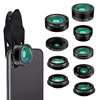 Cell Phone Camera Lens, Kaiess 9 in 1 Wide Angle Lens,Macro Lens,Fisheye Lens,Telephoto Lens,CPL Lens, Kaleidoscope and Starburst Lens Compatible with iPhone,Samsung,Most Andriod Phones