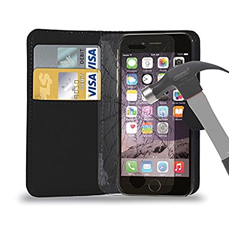 Black Leather Wallet Case Cover Pouch With Tempered Glass Screen Protector For All New Apple iPhone 6 Plus/iPhone 6 /iPhone 5S/iPhone 5C/iPhone 4S