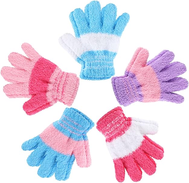 SATINIOR 5 Pairs Kids Gloves Full Fingers Gloves Knitted Warm Gloves Winter Mittens for Little Boys and Girls Daily Supplies