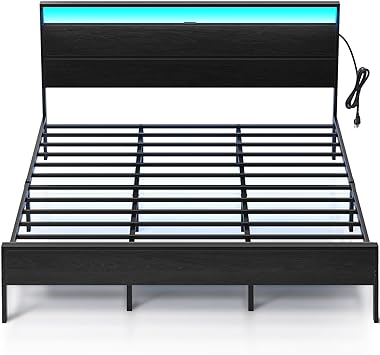 Rolanstar Bed Frame with Charging Station, King Bed with LED Lights Headboard, Metal Platform Bed Frame, Strong Metal Slats, 10.2” Under Bed Storage Clearance, No Box Spring Needed, Noise Free