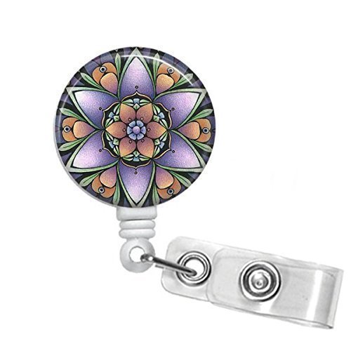 Mandala Spiritual Symbol Glass Cabochon Clip on Badge ID Holder with Retractable Reel