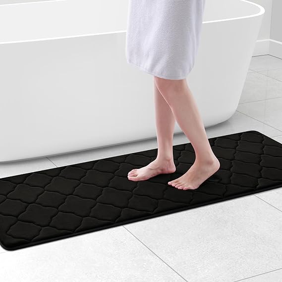 OLANLY Memory Foam Bath Mat Rug 59x20, Ultra Soft Non Slip and Absorbent Bathroom Rug, Machine Wash Dry, Comfortable, Thick Bath Rug Carpet for Bathroom Floor, Tub and Shower, Black