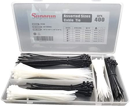 Superun Cable Tie Kit - 400 Piece Assorted Zip Tie 4 inch, 6 inch, 8 inch Mix Pack in Black & White in Divided Box